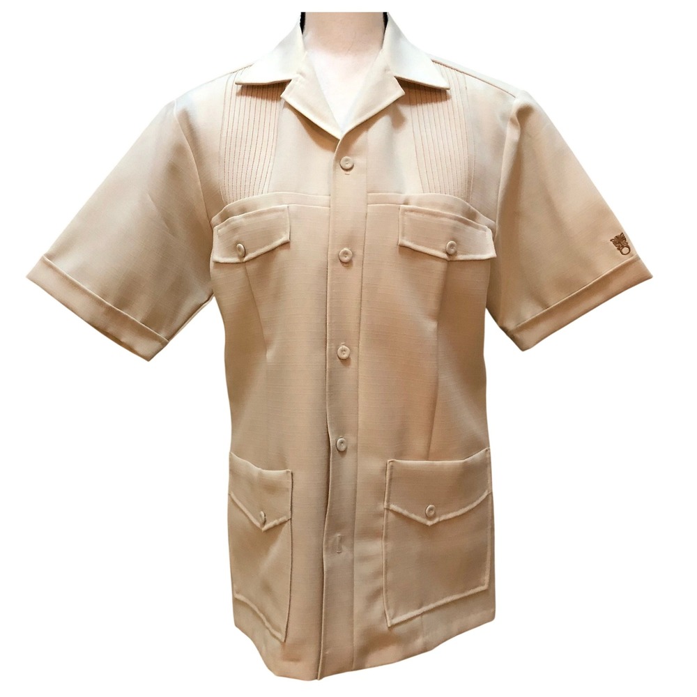 70s Beige Button Down Polyester‎ Camp Shirt Iolani Hawaii Executive Men's Small